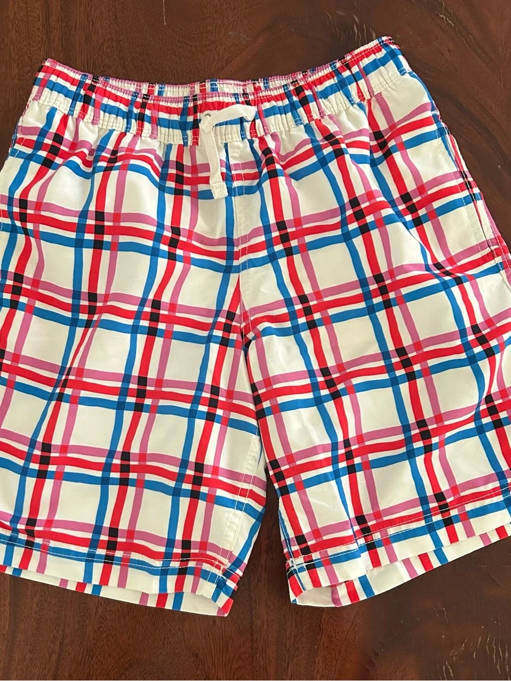 Hanna Andersson White Plaid Swim Trunks with Red, blue, pink Check